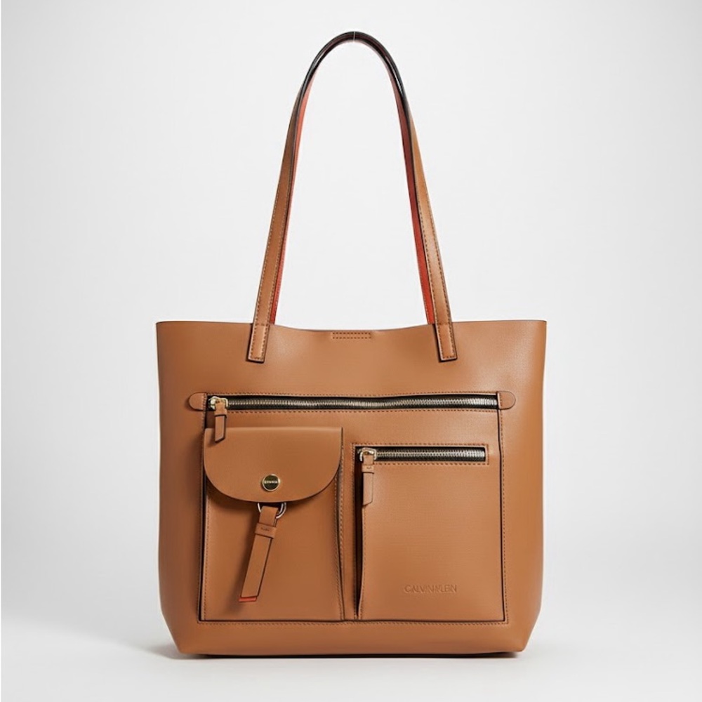Calvin Klein Brown Leather Tote with Front Pockets